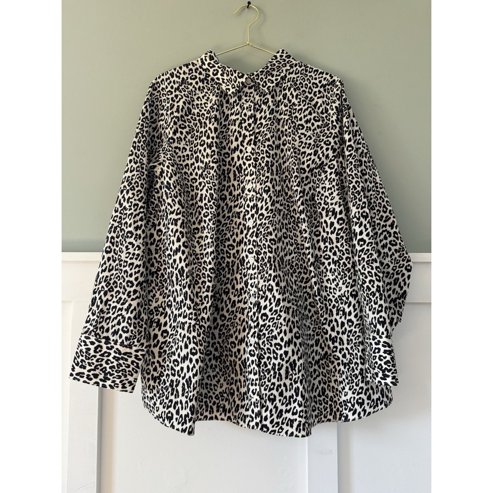Lands' End Women's Button Up Cheetah Top Black White‎  26W Long Sleeve No Iron